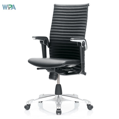 Black office chair with ribbed backrest on a white background
