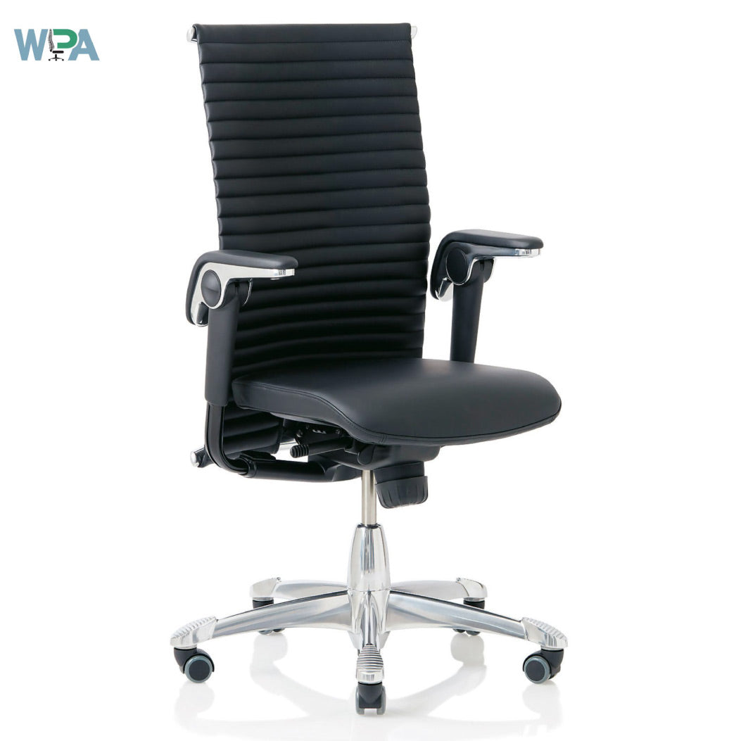 Black office chair with ribbed backrest on a white background