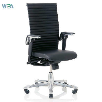 Black office chair with ribbed backrest on a white background