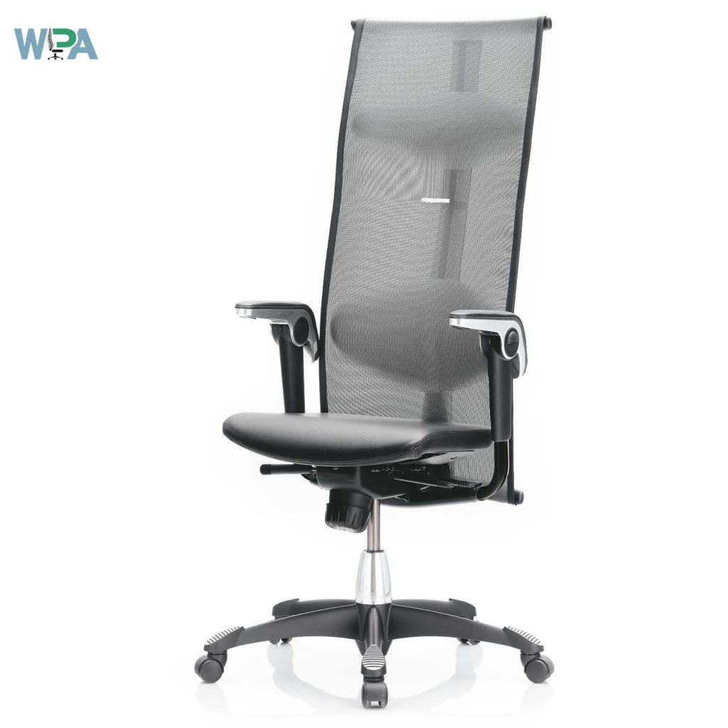 Black office chair with mesh back on a white background