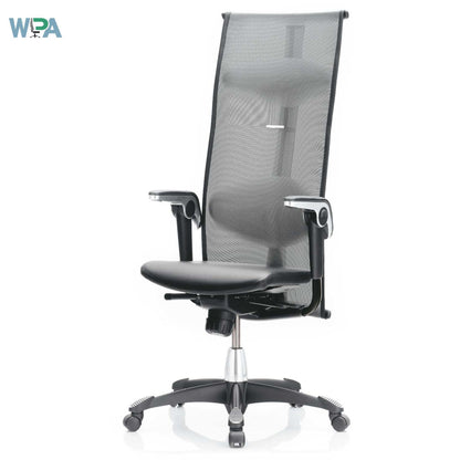 Black office chair with mesh back on a white background
