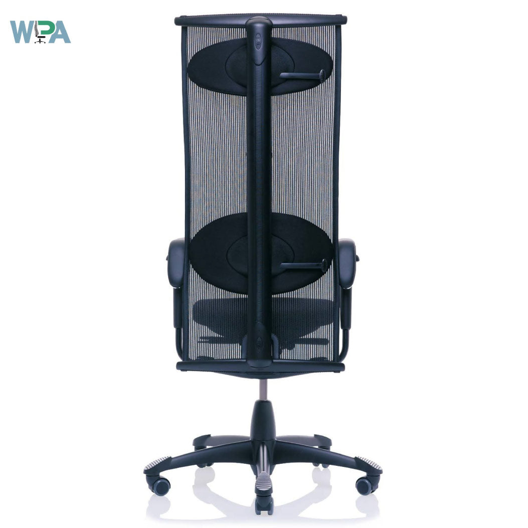 Black office chair with mesh backrest on a white background