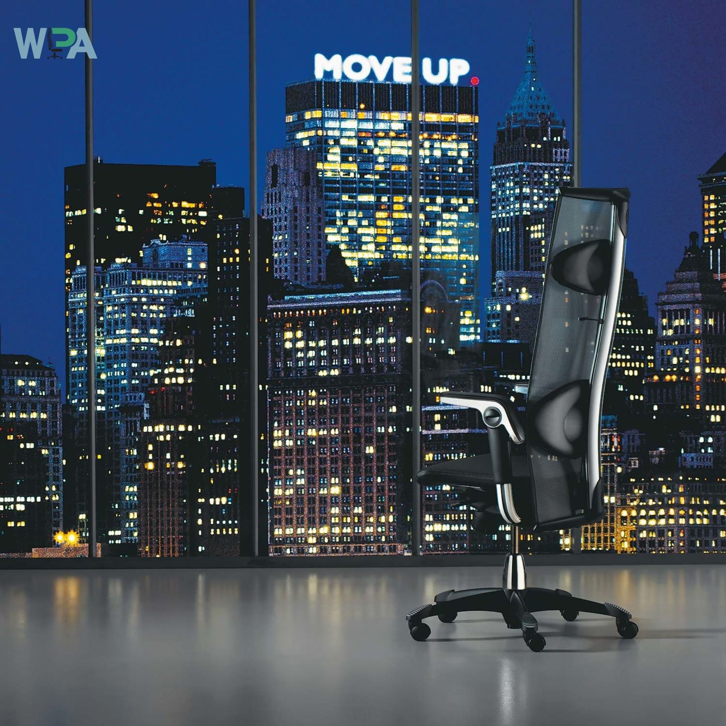 Ergonomic office chair in front of a city skyline at night with 'MOVE UP' branding.