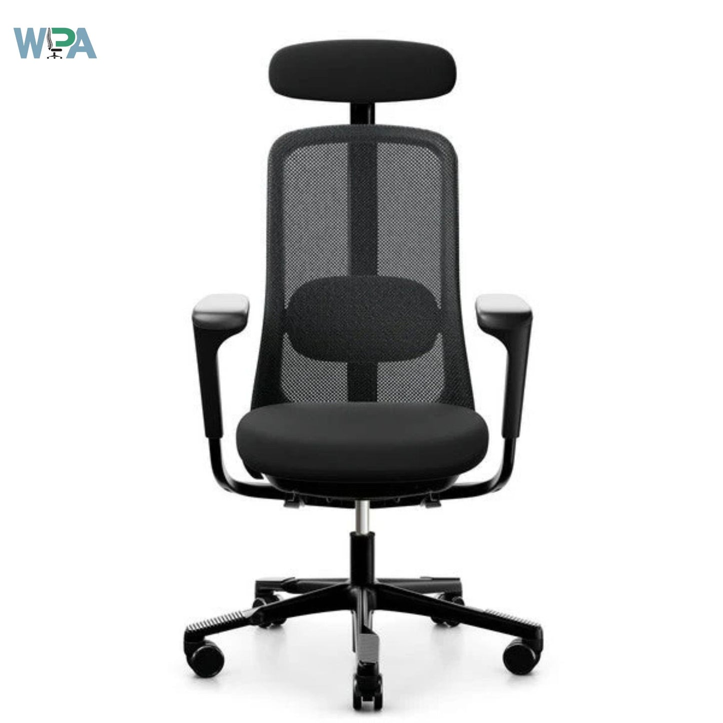 Black office chair with mesh back and headrest on a white background, featuring the WPA logo.