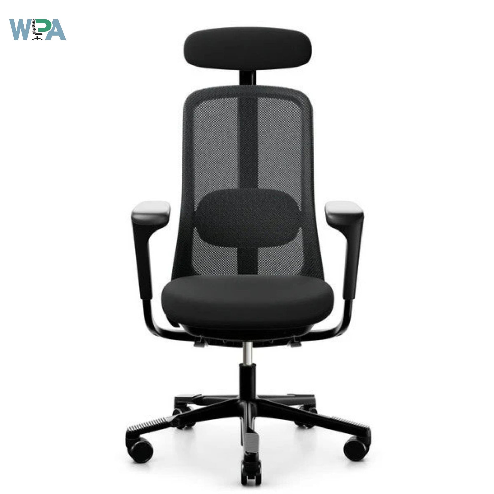 Black office chair with mesh back and headrest on a white background, featuring the WPA logo.