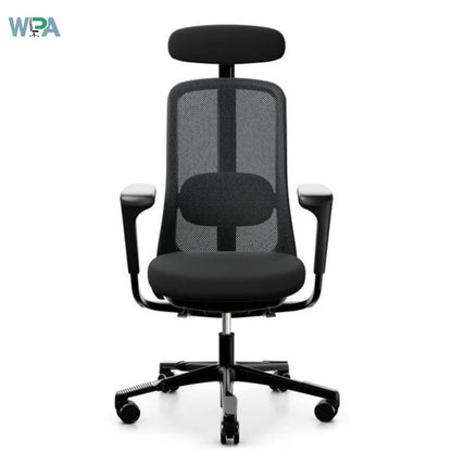 Black office chair with mesh back and headrest on a white background, featuring the WPA logo.