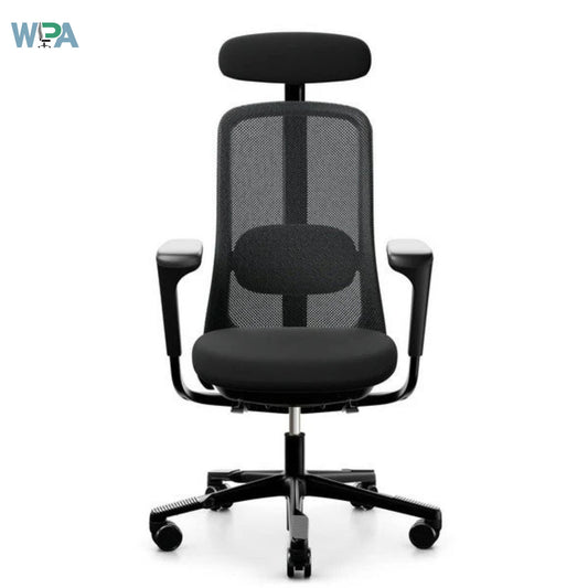 Black office chair with mesh back and headrest on a white background, featuring the WPA logo.