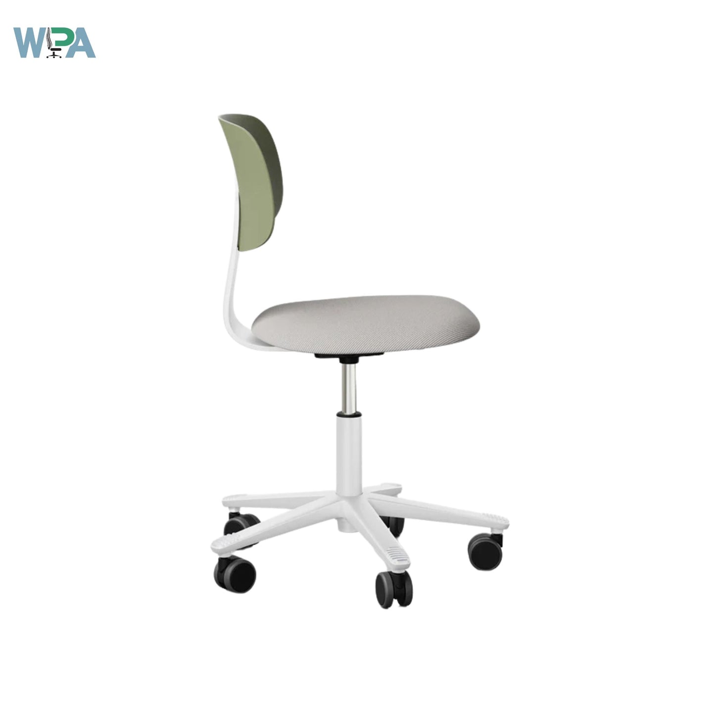 Office chair with green backrest and white base on a white background