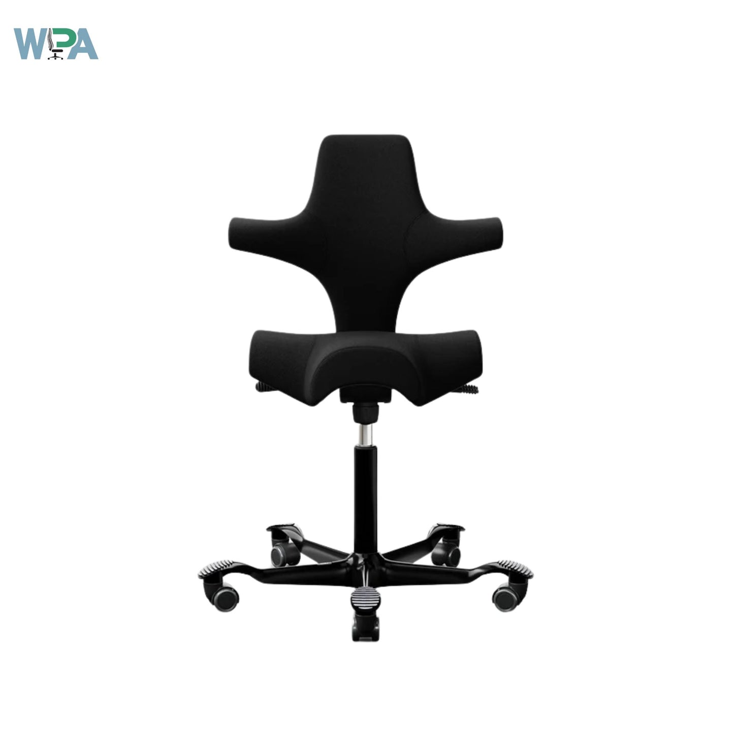 Black office chair with adjustable features on a white background