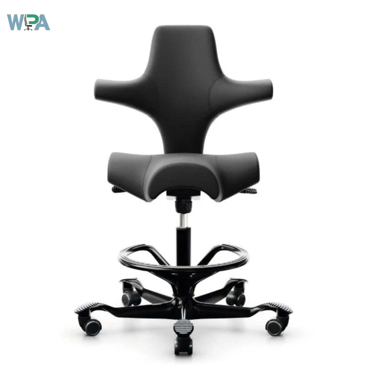 Black office chair with adjustable features on a white background