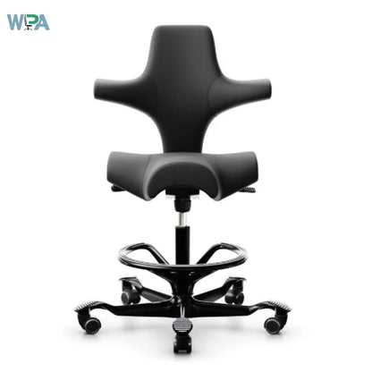 Black office chair with adjustable features on a white background