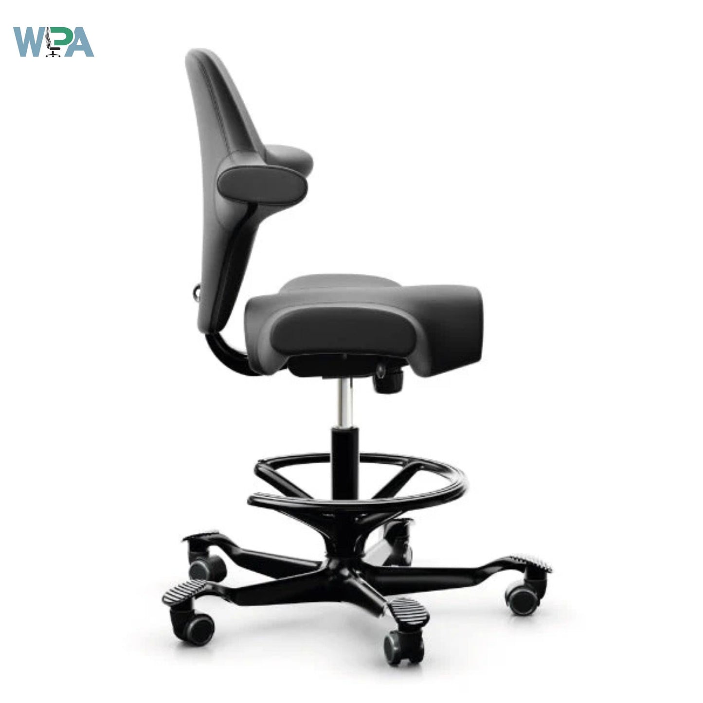 Gray office chair with adjustable features on a white background, featuring the WPA logo.