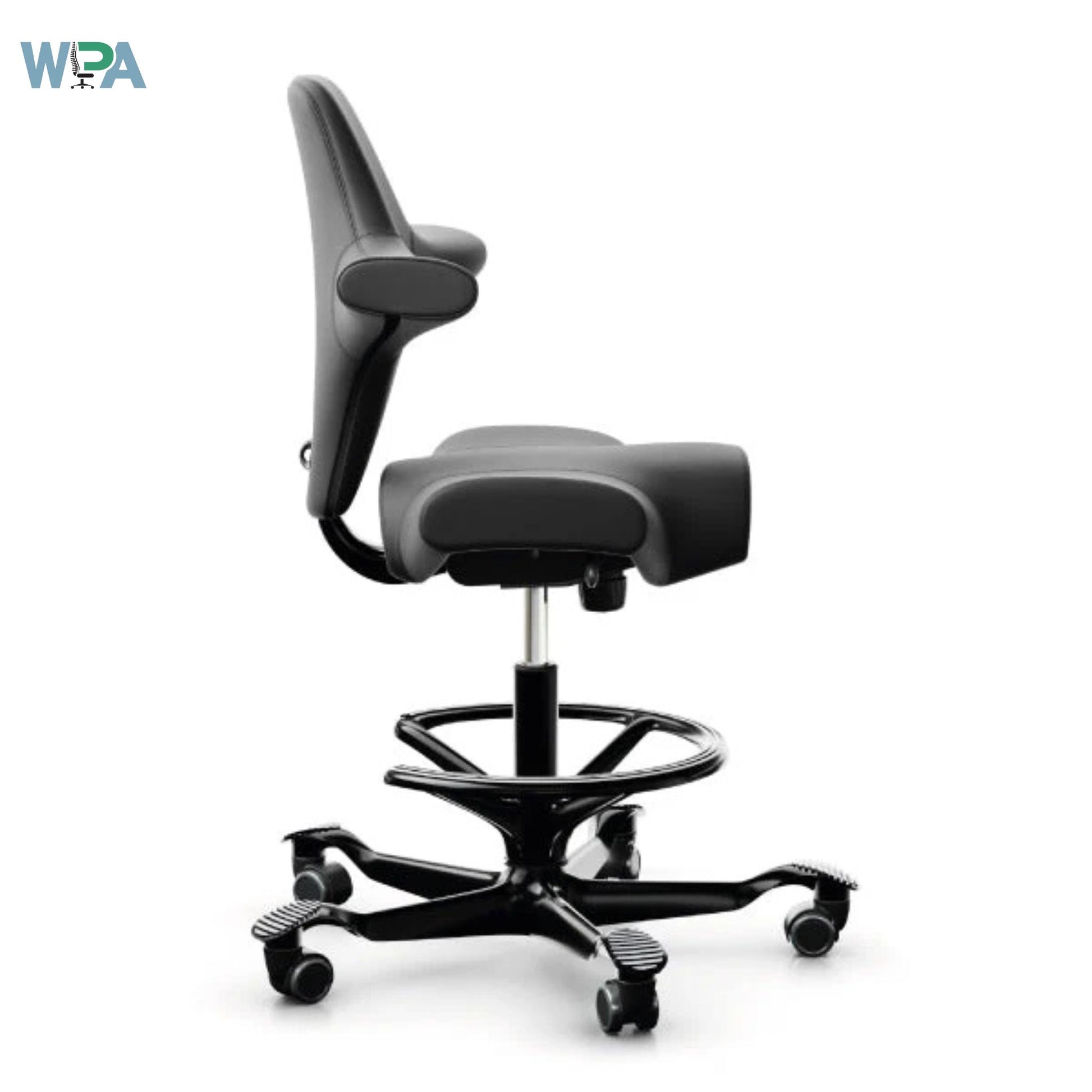 Gray office chair with adjustable features on a white background, featuring the WPA logo.