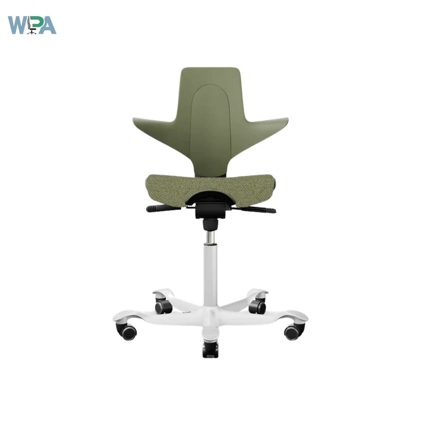 Green office chair with adjustable features on a white background