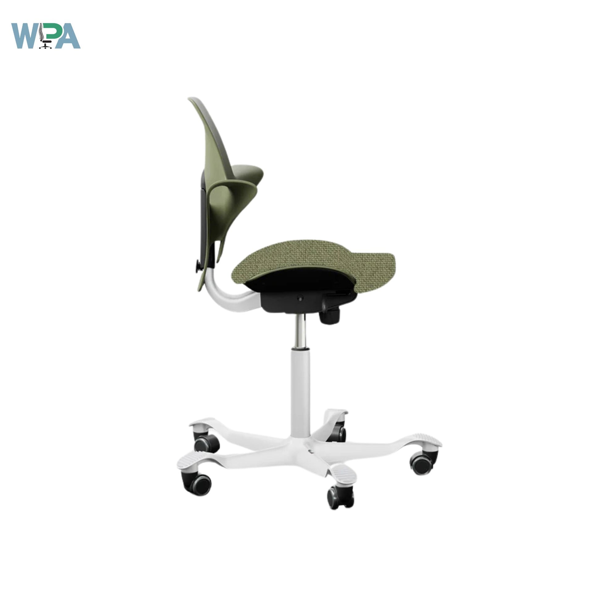 Green office chair with white base on a white background