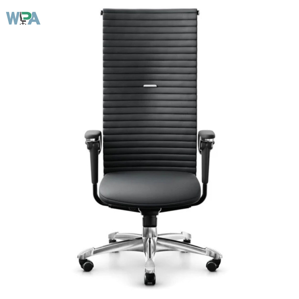 Black office chair with ribbed backrest on a white background