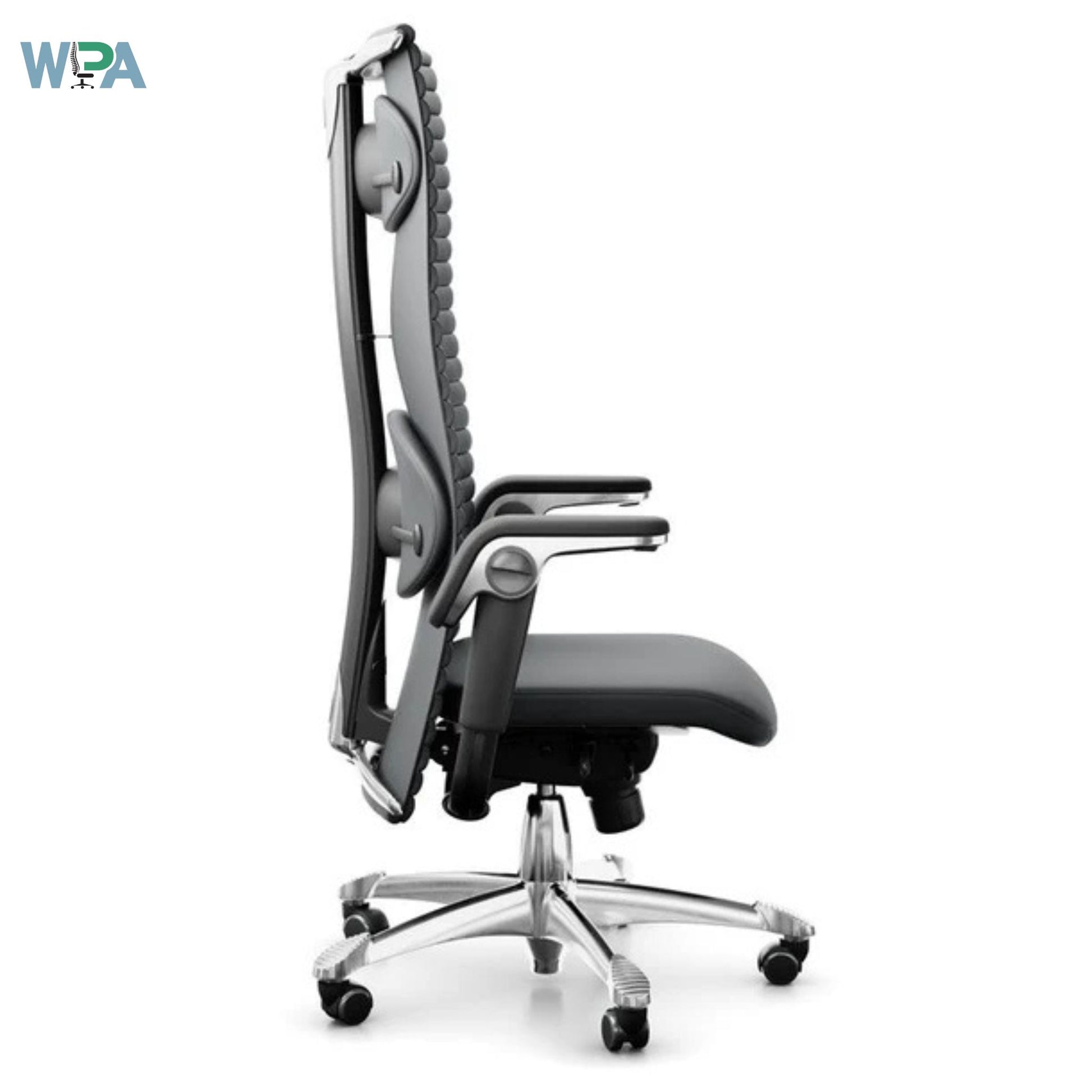 Ergonomic office chair with adjustable features on a white background