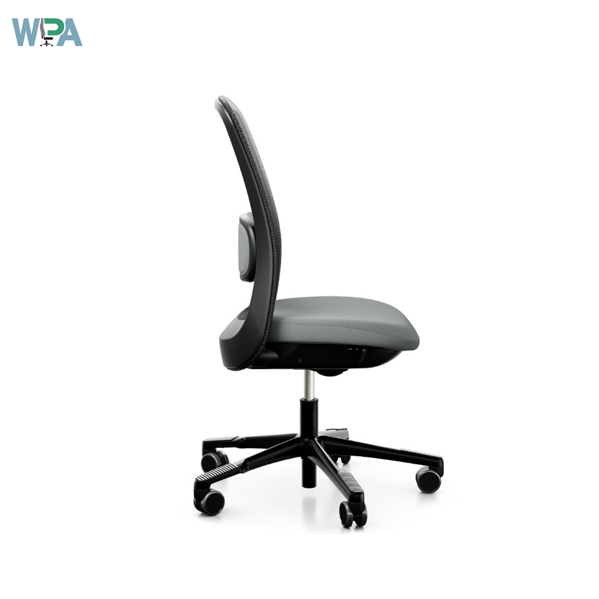 Gray office chair with black wheels on a white background