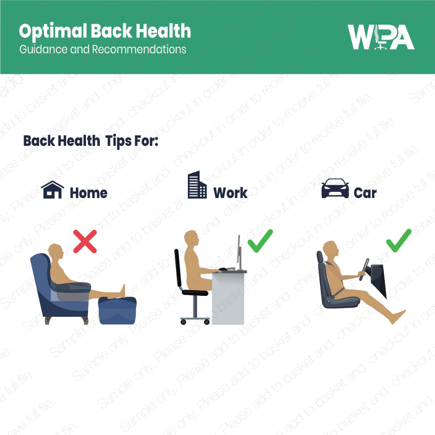 Back health tips for home, work, and car with illustrations and WPA logo.