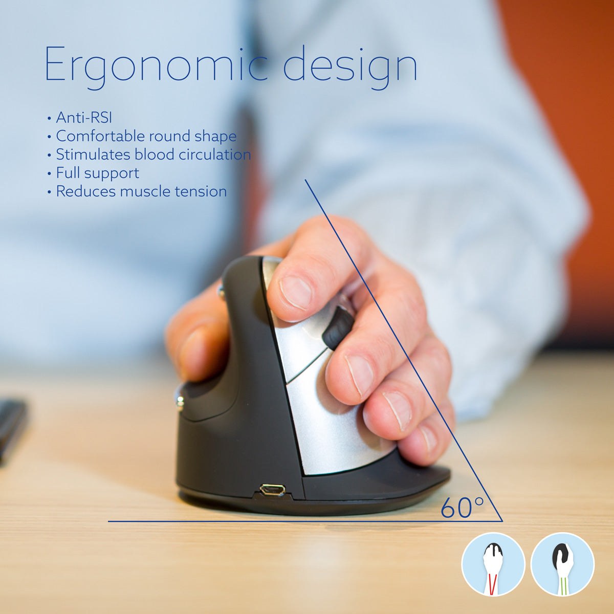 Ergonomic mouse being used with text highlighting its benefits on a blurred background