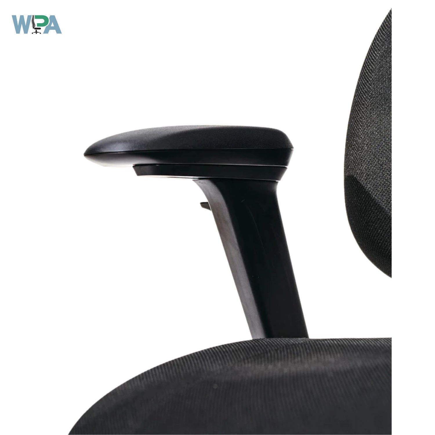 Close-up of a black office chair with headrest and mesh back on a white background, featuring the WPA logo.