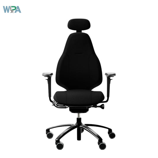 Black office chair with headrest on a white background, featuring the WPA logo.