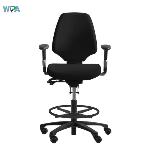 Black office chair with adjustable arms on a white background, featuring the Wipa logo.