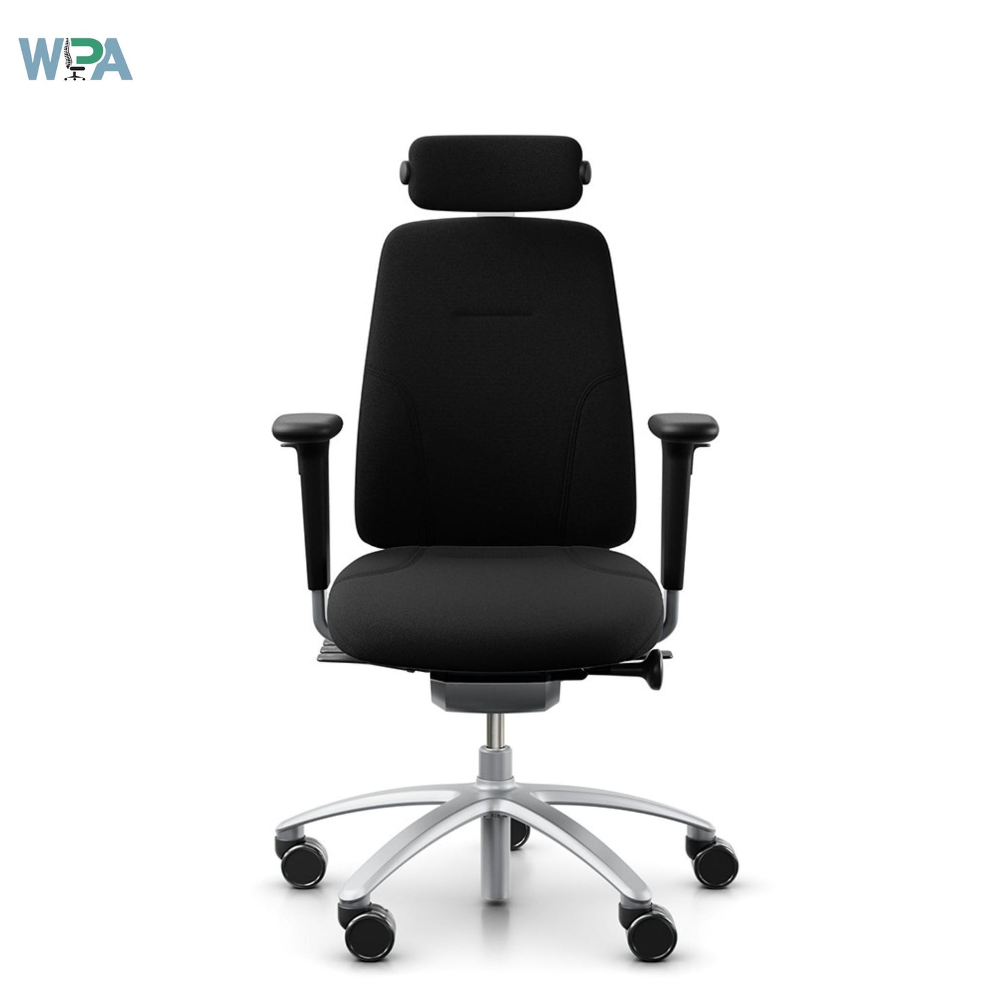 Black office chair with headrest on a white background, featuring the WPA logo.