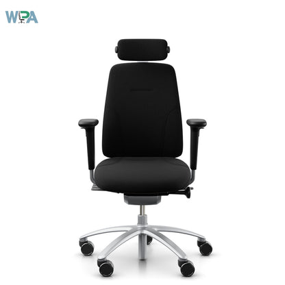 Black office chair with headrest on a white background, featuring the WPA logo.
