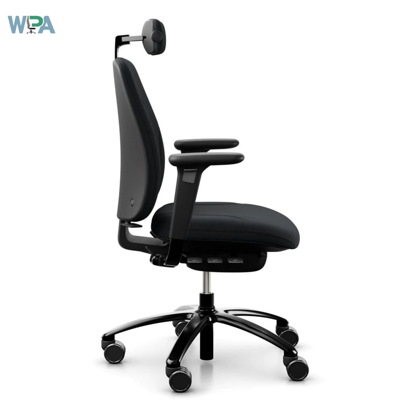 Black office chair with adjustable armrests on a white background, featuring the Wipa brand.