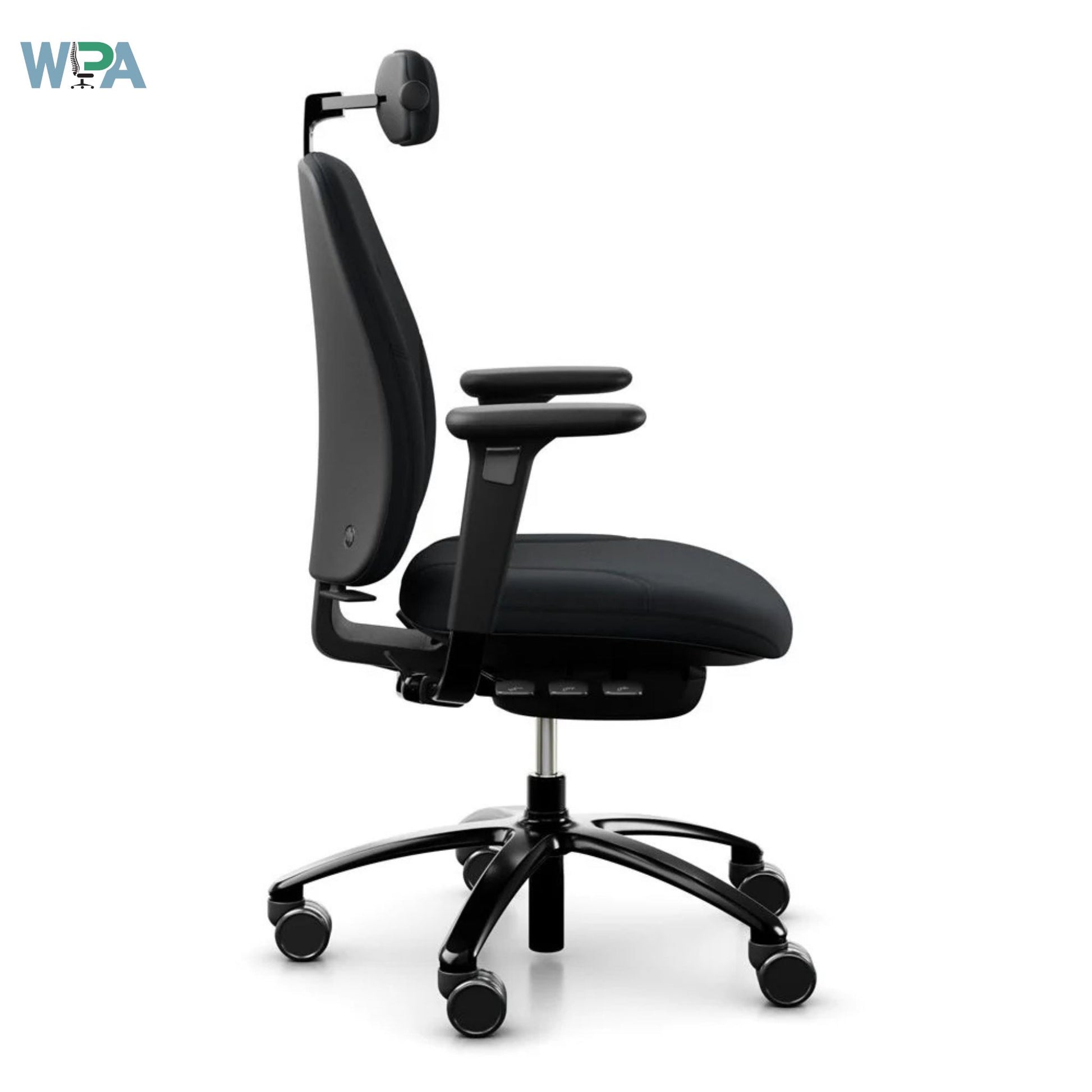 Black office chair with adjustable armrests on a white background, featuring the Wipa brand.
