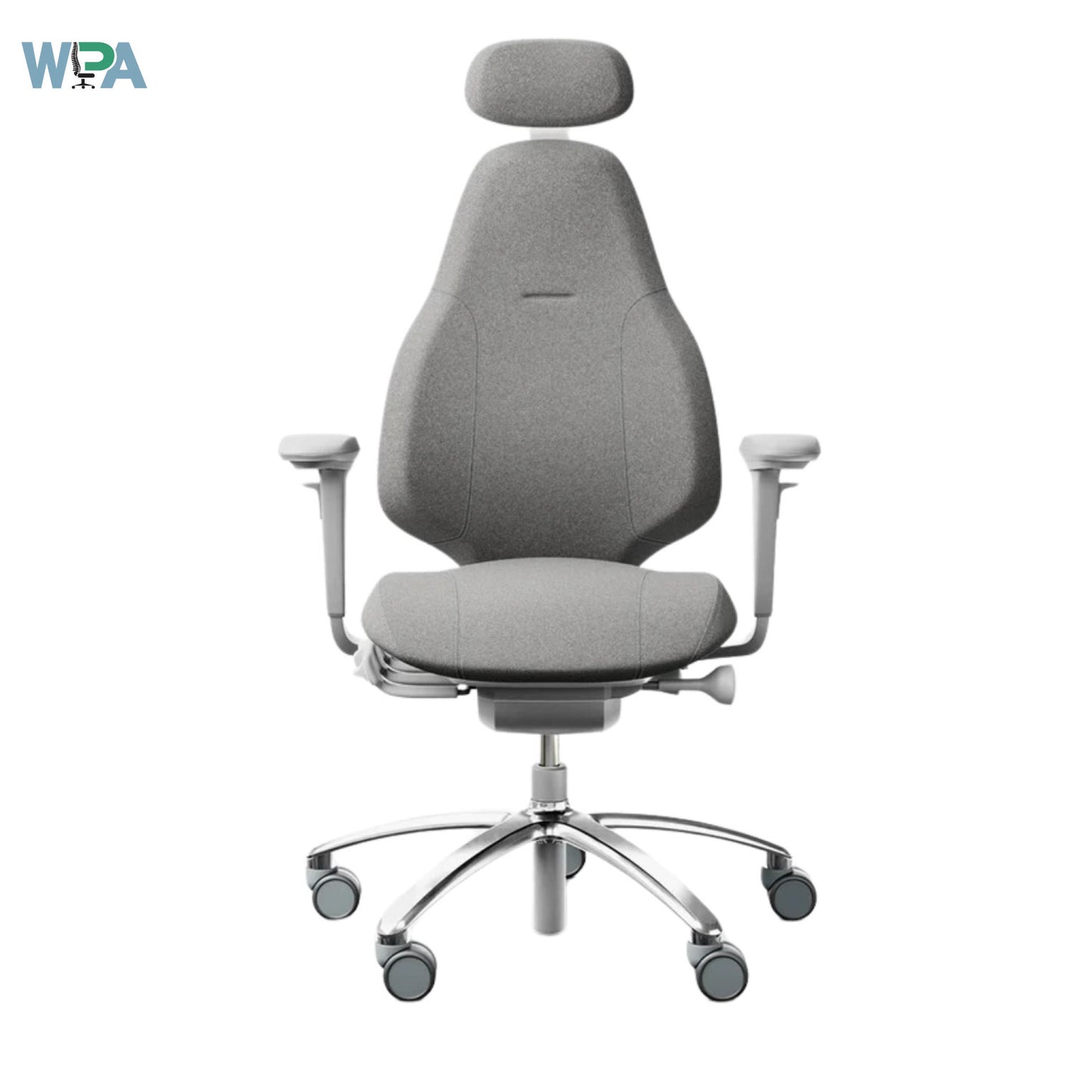Gray office chair with headrest on a white background