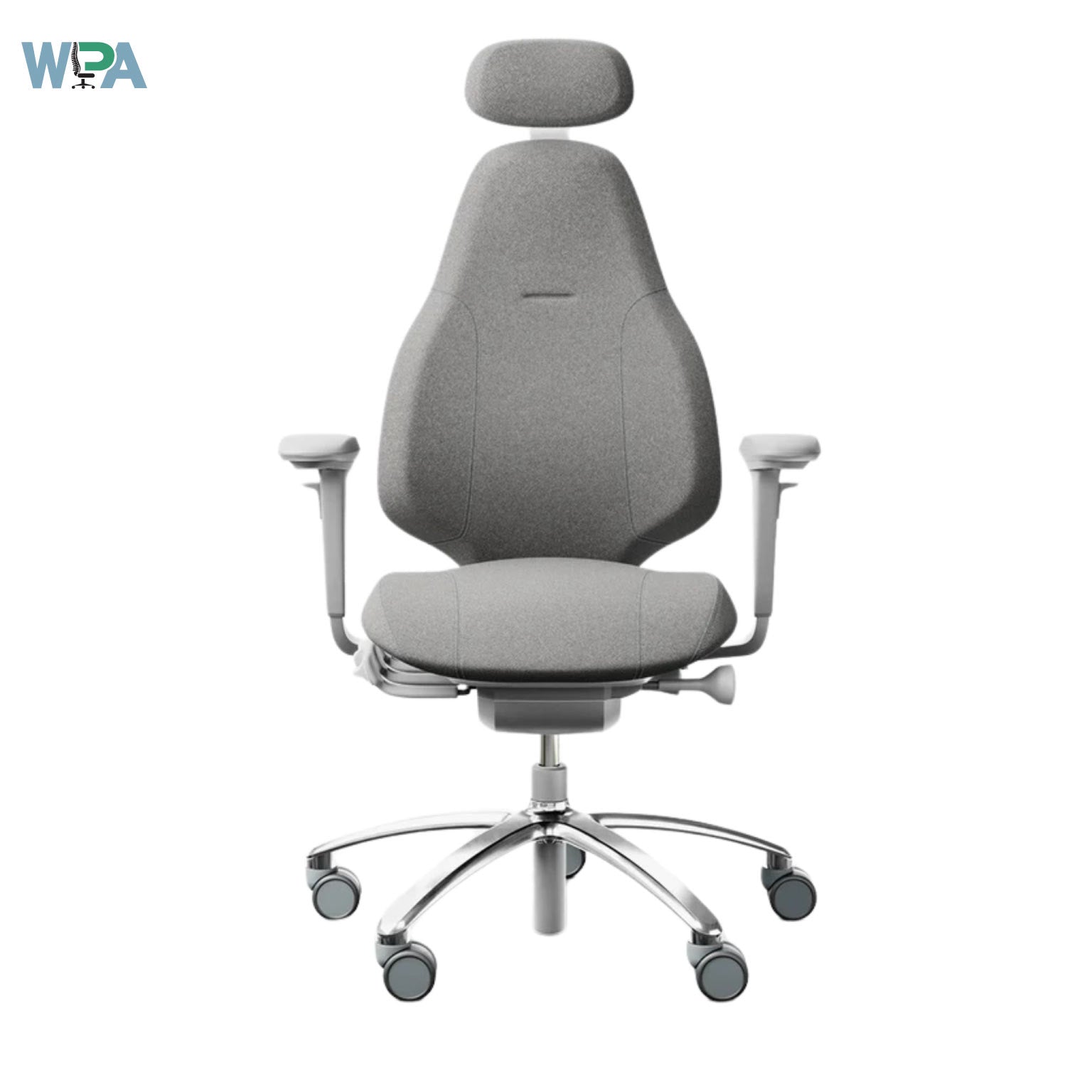 Gray office chair with headrest on a white background