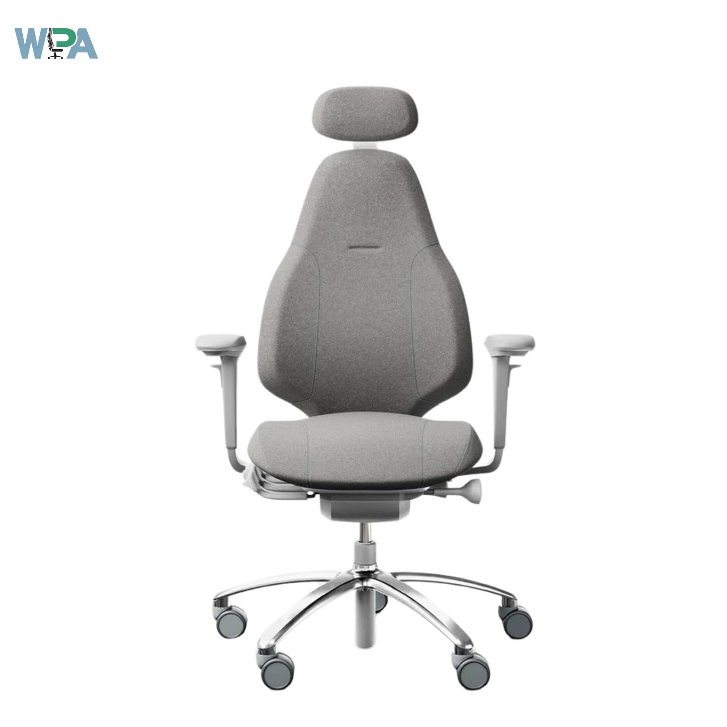 Gray office chair with headrest on a white background