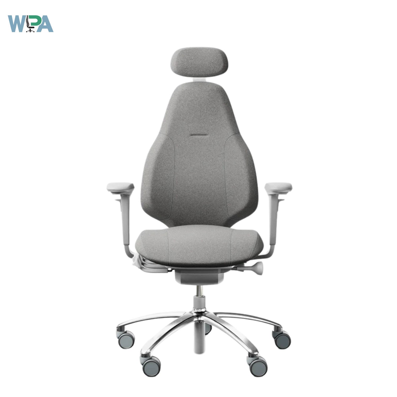 Gray office chair with headrest on a white background
