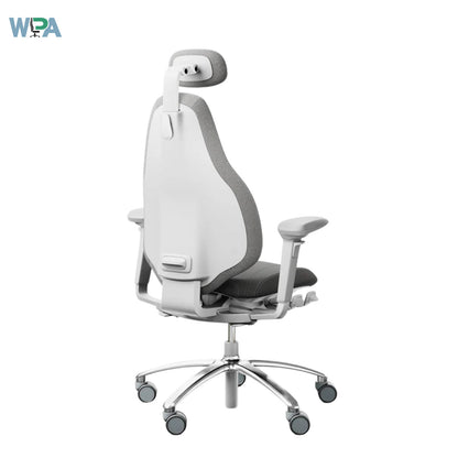 Ergonomic office chair with adjustable headrest on a white background