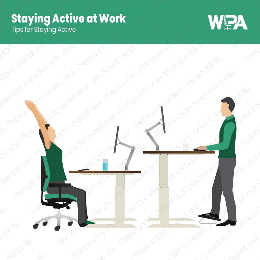Illustration of a person stretching, sitting at a desk, and standing at a standing desk with 'WPA' branding.