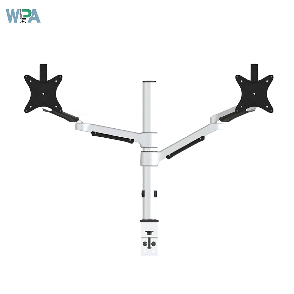 Dual monitor stand with two monitor brackets on a white background