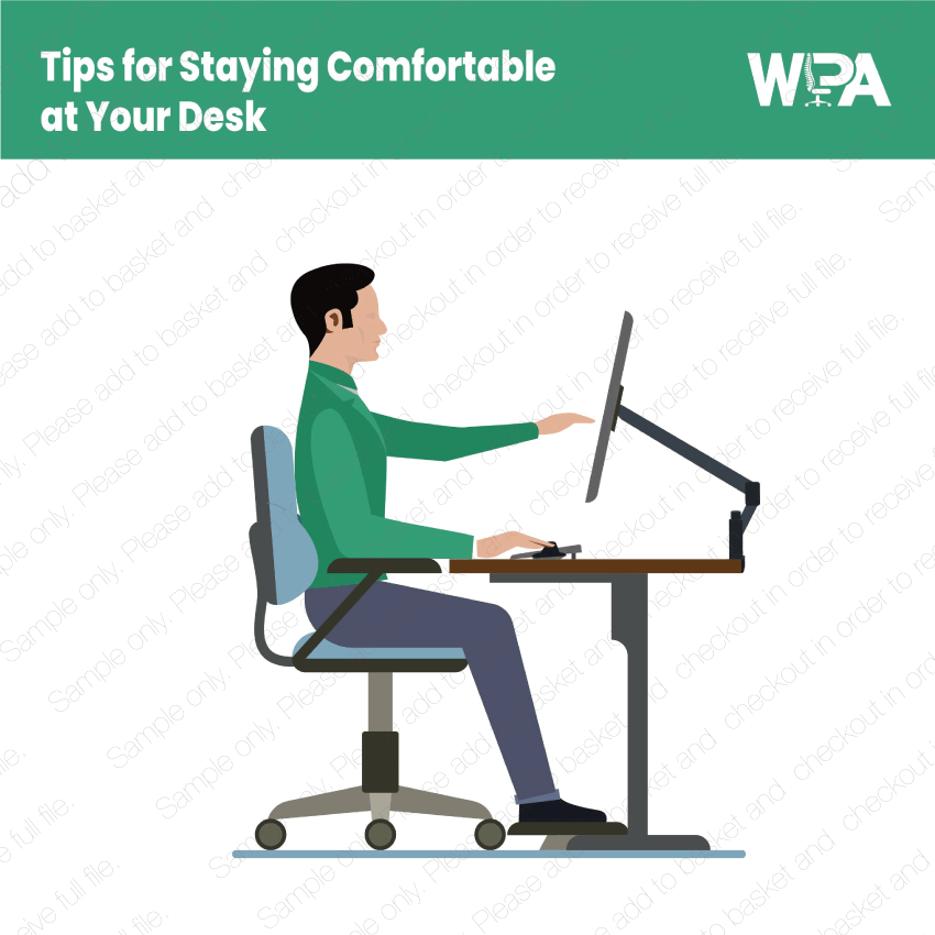 Illustration of a person sitting at a desk with text 'Tips for Staying Comfortable at Your Desk' and WDA logo.