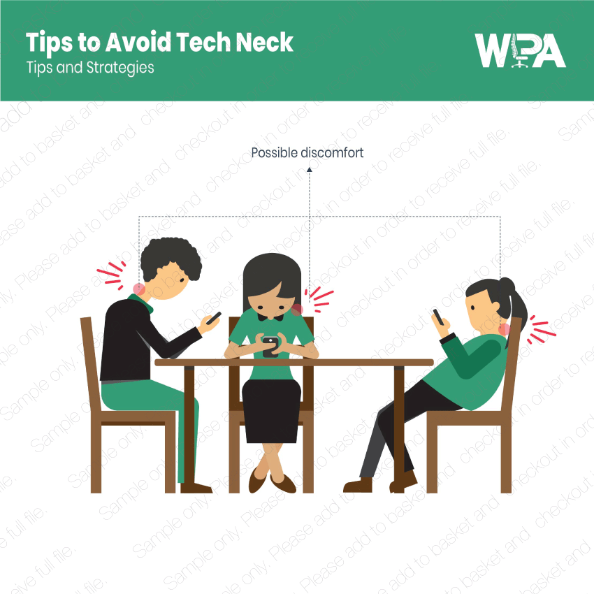 Illustration of three people sitting at a table using their phones with text about tips to avoid tech neck.