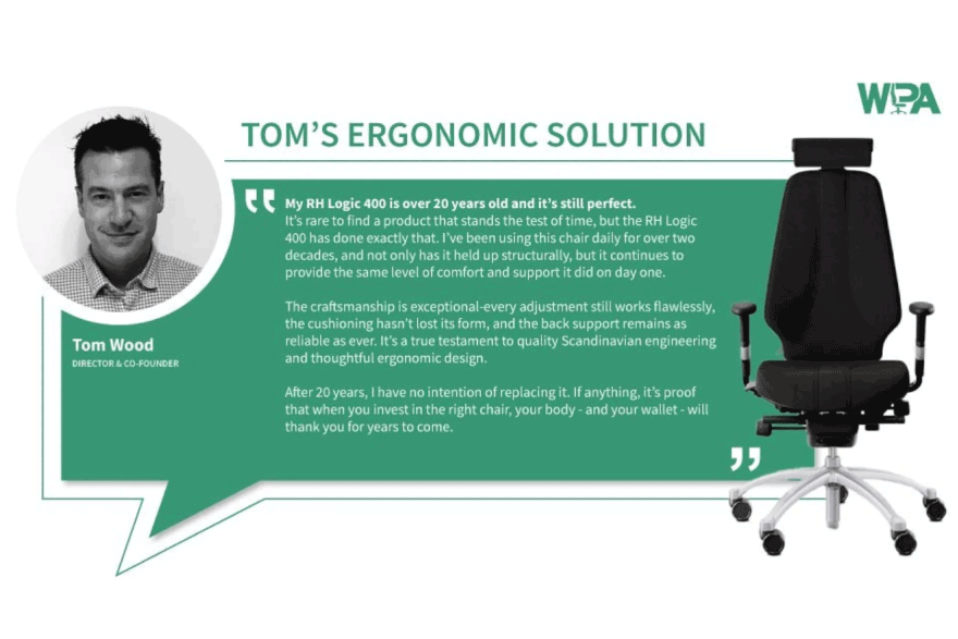 Ergonomic chair with text about Tom's ergonomic solution and WPA branding.