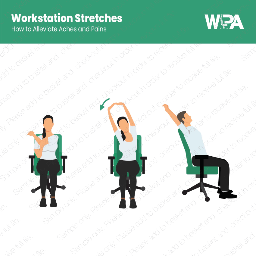Illustration of people performing stretches in office chairs with WPA branding.