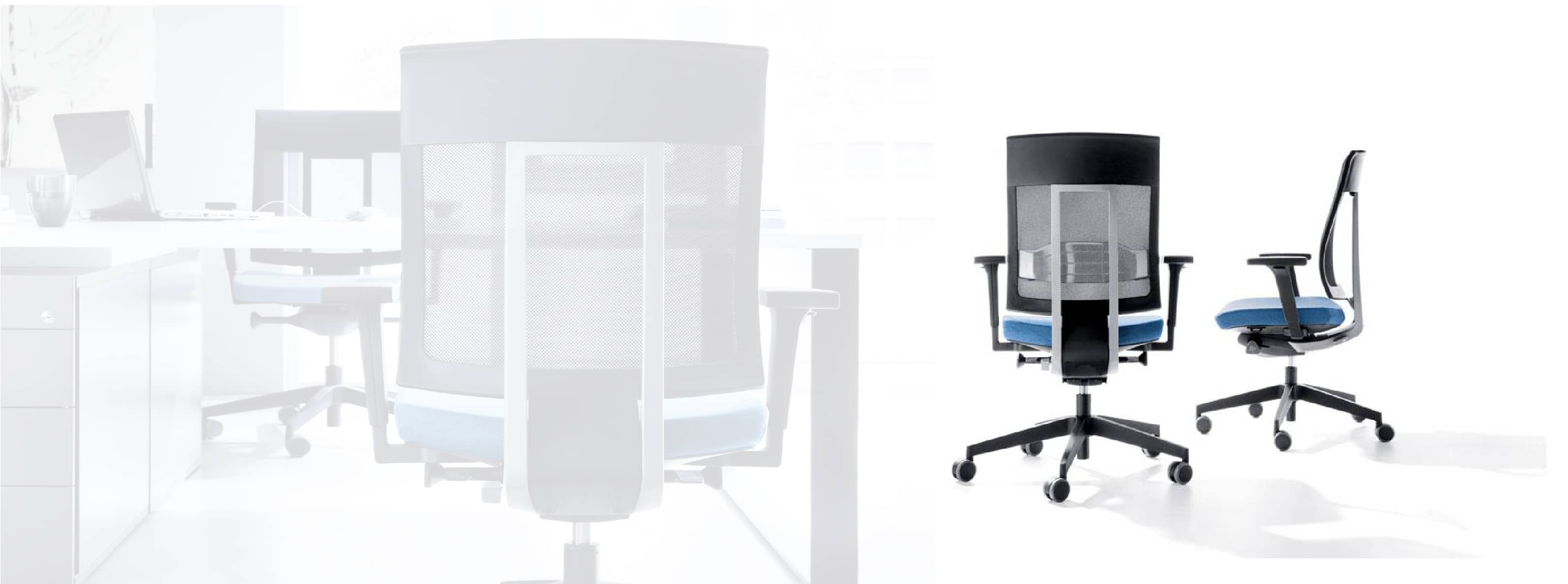 Modern office chairs and tables on a white background